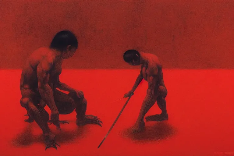 Image similar to only with red, a red samurai do seppuku, tokio, a lot of frogs watch, in the style of beksinski, parts by edward hopper, parts by rodcenko, parts by yue minjun, intricate and epic composition, red by caravaggio, insanely quality, highly detailed, masterpiece, red light, artstation, 4 k