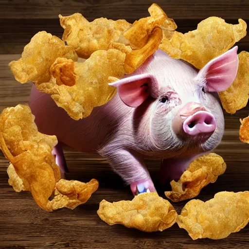 Image similar to pig wearing a gold crown swimming in bag of pork rinds