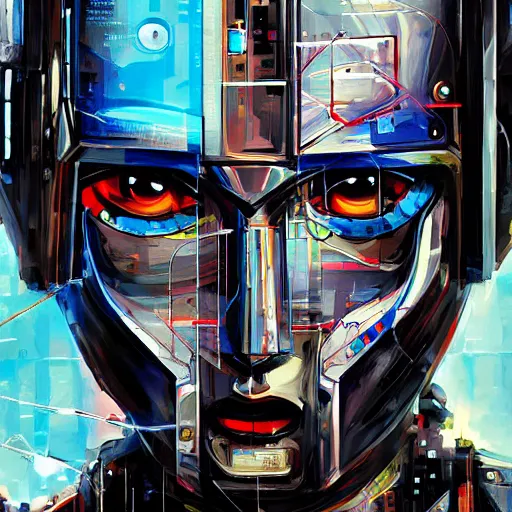 Prompt: an art painting of a robot with blue eyes, cyberpunk art by derek gores, behance contest winner, afrofuturism, dystopian art, digital painting, sci - fi