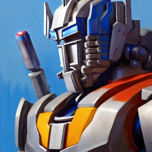 Image similar to greg manchess portrait painting of optimus prime as overwatch character, medium shot, asymmetrical, profile picture, organic painting, sunny day, matte painting, bold shapes, hard edges, street art, trending on artstation, by huang guangjian and gil elvgren and sachin teng