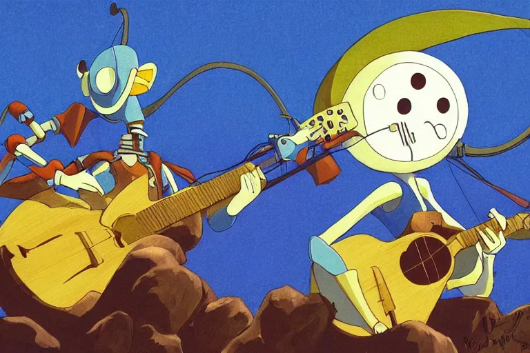 Image similar to A cell animation of a robot playing guitar, Nausicaa of the Valley of the Wind, Miyazaki Hayao, ghibli style, illustration, anime, trending on artstaion