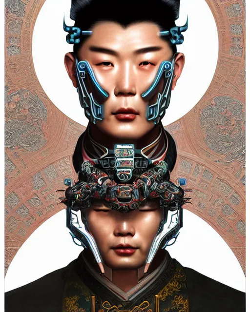 Image similar to portrait of a chinese masculine male cyberpunk machine, machine face, upper half portrait, decorated with chinese opera motifs, muscular, asian, fine china, wuxia, traditional chinese art intricate intense elegant 京 剧 highly detailed symmetry headpiece digital painting artstation concept art smooth sharp focus illustration, art by artgerm and greg rutkowski alphonse mucha 8 k