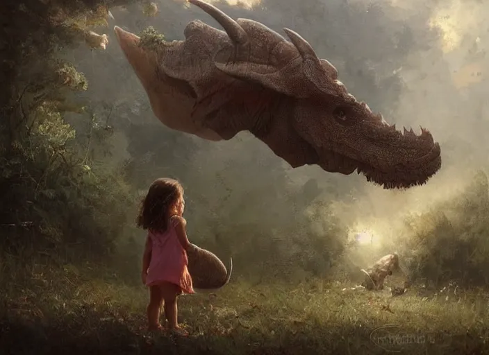 Image similar to a cute little girl with wavy curly brown hair meets a triceratops. beautiful painting by greg rutkowski