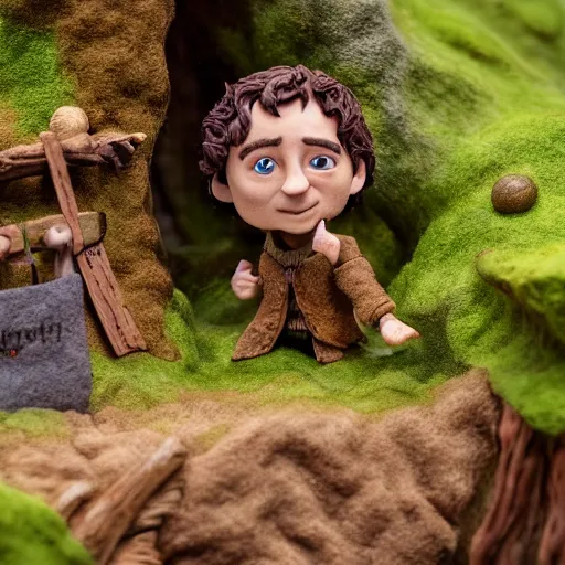 Image similar to high - res photograph of a claymation sculpture action figure cute frodo, highly detailed sculpey diorama, forest setting, waterfall backdrop, realistic materials, wood, felt, cloth, burlap, smooth, sharp foccus, commercial product photography,