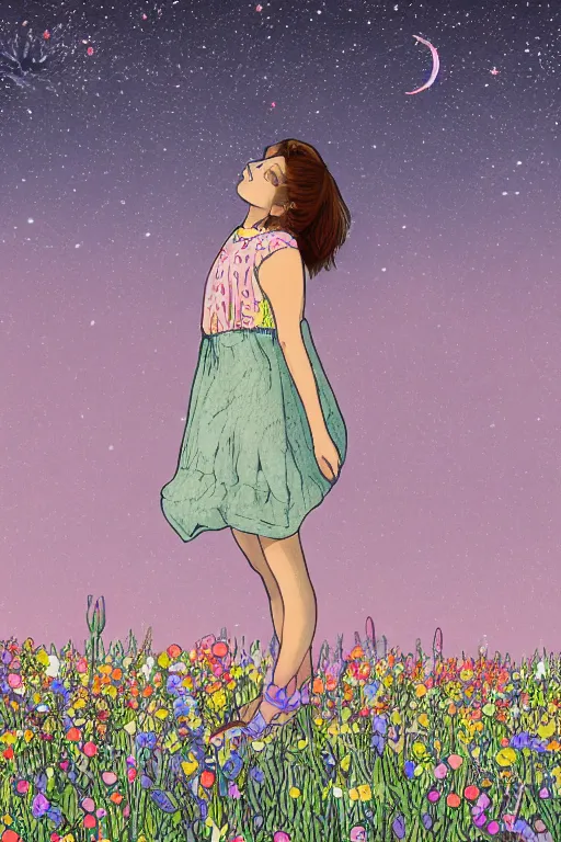 Image similar to illustration of a girl standing in a field of wild flowers gazing up to stars and milkyway, foreshortening