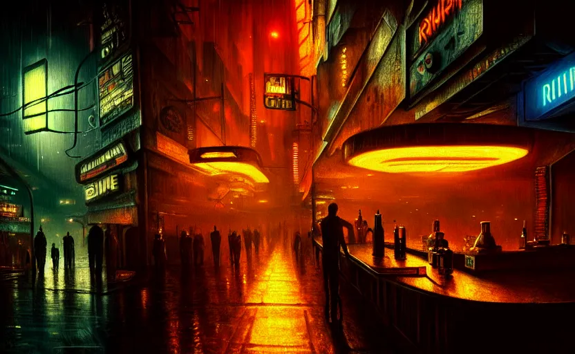 Image similar to blade runner in a dimly lit bar, fluorescent lighting, eerie, otherworldly atmosphere, detailed, photorealistic imagery, futuristic, intricate, detailed, photorealistic imagery, artstation