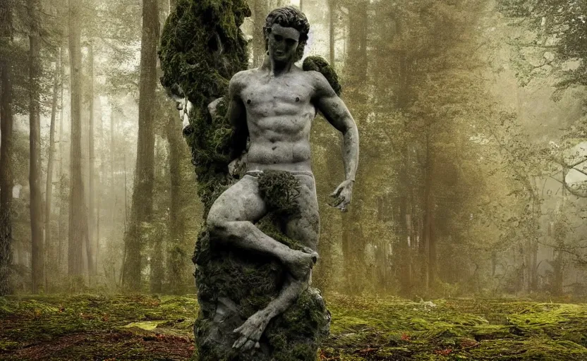 Image similar to a mossy marble statue of Cristiano Ronaldo abandoned in the middle of a forest near a lake at sunset by Greg Rutkowski, concept art, godrays, complementary colors, calm, relaxing, beautiful landscape, highly detailed, high quality, 4k HDR, path tracing, serene landscape, high coherence, soft lighting