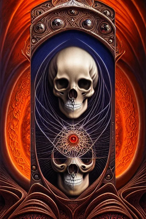 Image similar to A beautiful detailed orixa, tarot card, by tomasz alen kopera and Justin Gerard, symmetrical features, ominous, magical realism, texture, intricate, ornate, royally decorated, skull, skeleton, whirling smoke, embers, red adornements, red torn fabric, radiant colors, fantasy, trending on artstation, volumetric lighting, micro details, 3d sculpture, ray tracing, 8k, anaglyph effect