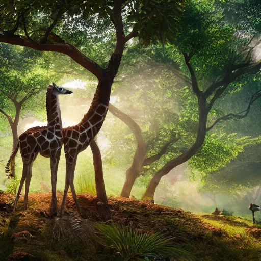 Image similar to 🦒, 🌳, anime, disney, pixar, 8 k, hd, dof, kodak film, volumetric lighting, subsurface scattering, photorealistic, octane render, details, funny, crazy