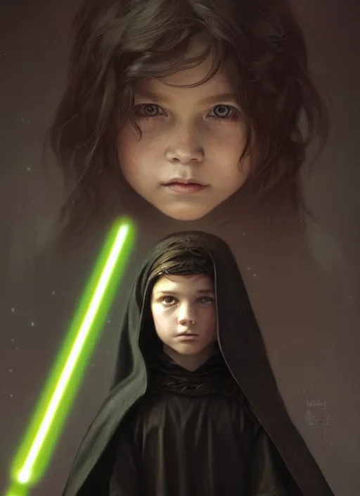 Prompt: perfectly - centered - portrait of a kid wearing black cloak holding light saber, intricate, highly detailed, digital painting, artstation, concept art, smooth, sharp focus, illustration, unreal engine 5, 8 k, art by artgerm and greg rutkowski and alphonse mucha