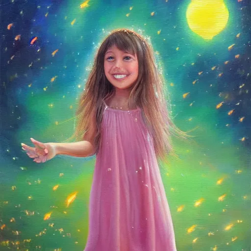 Prompt: A little girl with wavy brown hair with a happy expression wearing a summer dress dancing with fireflies, she is in the distance. beautiful fantasy oil painting, trending on artstation.