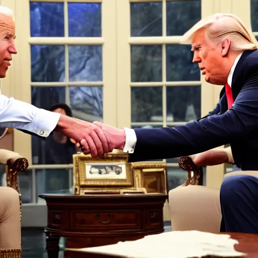 Prompt: Joe Biden and Donald Trump friendly handshake