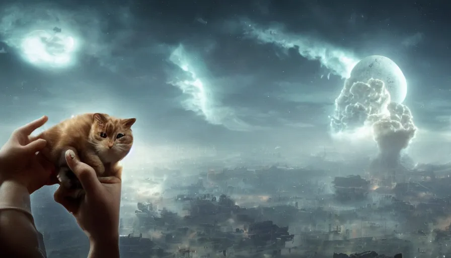 Prompt: a beautiful award-winning photo of a cyborg holding a small cat in his hands, serene post-nuclear background, a huge nuclear cloud, intricate details, numerous fires, volumetric lighting, haze, very high quality, extremely detailed, subtle visual noise, unreal engine 5, hyperrealistic, 8K