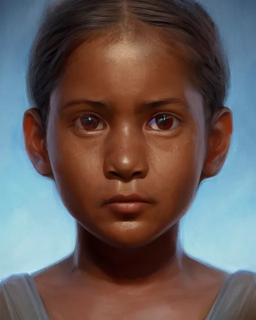 Image similar to Portrait of Migrant and Colonizer child, Migrant Colonizer morph child morph, digital painting, realistic shaded, realistic shaded lighting, fan art, pixiv, by Ilya Kuvshinov, child hybrid, realistic face and body hybrid, by magali villeneuve, Artstation, by Jeremy Lipkin and by Michael Garmash and by Rob Rey. Face retouch