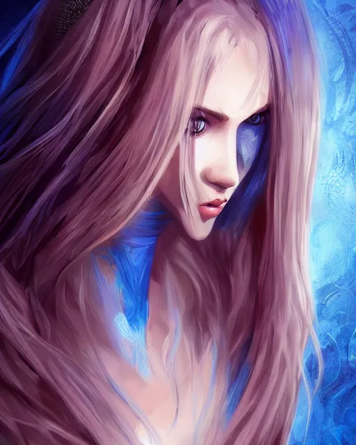 Image similar to A beautiful mysterious girl with cobalt-blue eyes and silky white hair, guitar shape build, her wardrobe is attractive, full body, fantasy art, in the style of Frank Neidhardt, illustration, epic art, fantasy, intricate, elgant, amazing detail, digital painting, artstation, concept art, smooth, sharp focus