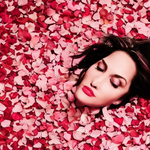 Image similar to woman laying in a pool of rose petals, movie poster, realistic, soft lighting, professional, full body, view from top