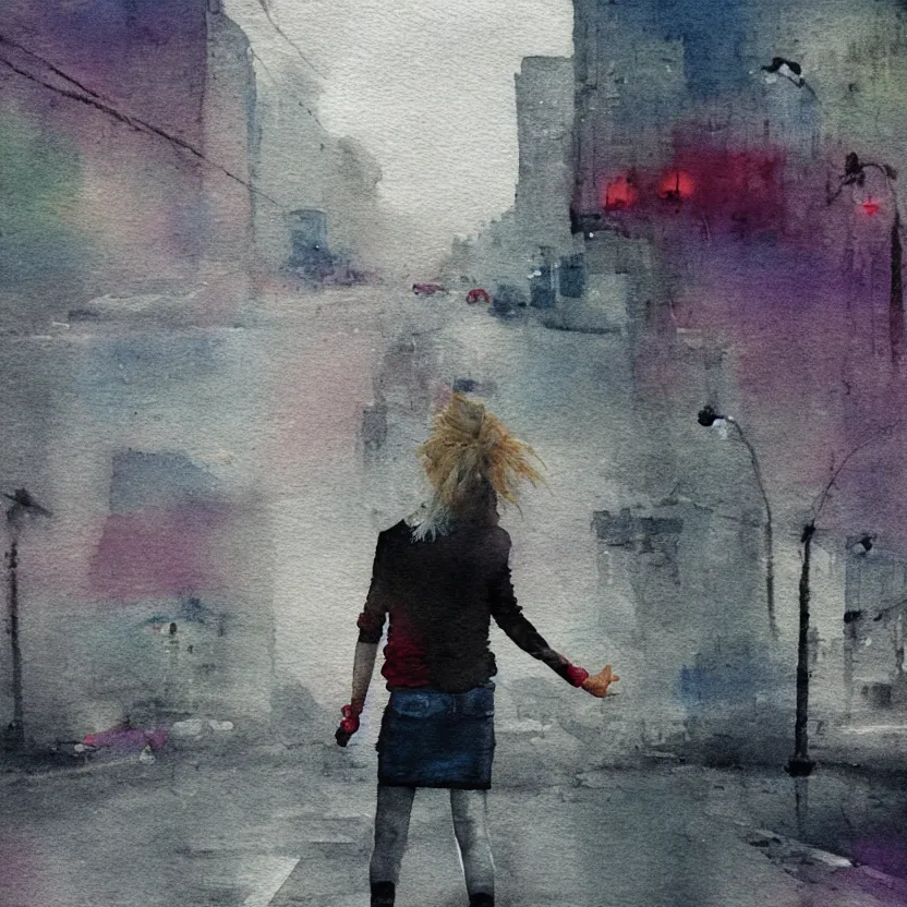 Image similar to punk girl skateboarding in the city, simple watercolor, rough paper texture, backlit cyberpunk buildings, wet roads at night reflecting the lights from buildings, dust, fog, cloudy night sky, dslr, 4 k, fisheye