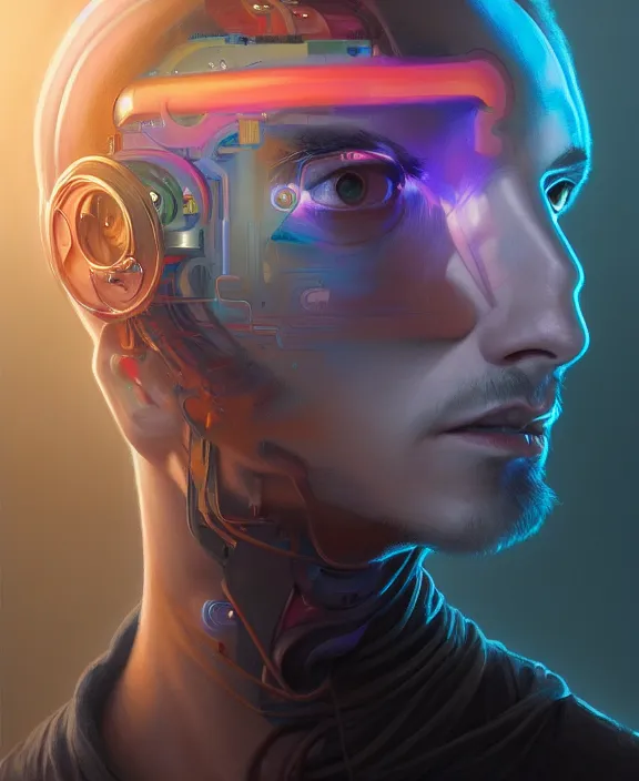 Image similar to a whirlwind inside the metaverse, guy, male, man, hologram, half body, neurochip, android, cyborg, cyberpunk face, by loish, d & d, fantasy, intricate, elegant, highly detailed, colorful, digital painting, artstation, concept art, art by artgerm and greg rutkowski and alphonse mucha