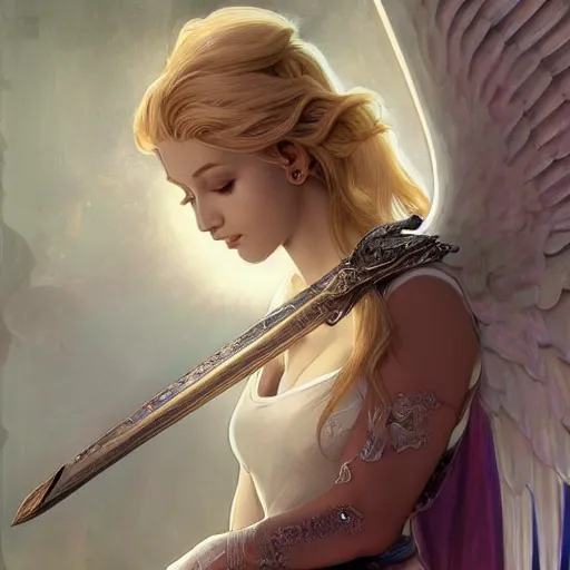 Image similar to A beautiful digital painting of a female angel with blonde hair and a sword in her hand, princess, the moon behind her, D&D, fantasy, intricate, cinematic lighting, highly detailed, digital painting, Artstation, concept art, smooth, sharp focus, illustration, art by Artgerm and Greg Rutkowski, Alphonse Mucha and charlie bowater