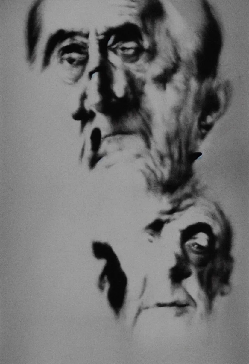 Image similar to close-up portrait of Marcel Duchamp in a empty white void, tri-x, Trent Parke, Richard Avedon, Gustave Doré, archival pigment print, contemporary art