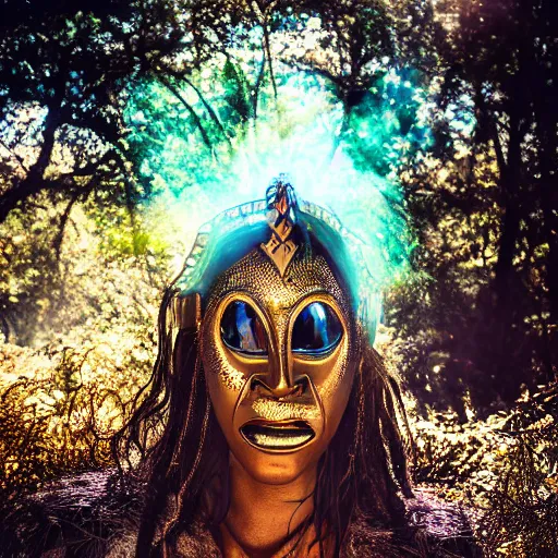 Prompt: wraith pagan wearing iridescent metallic dogon tribal mask standing in a clearing in the deep forest, rays of the sun, caustics, realistic, photography, photojournalism, national geographic photoshoot, inner glow, shimmer, sparkle, smoke, dust