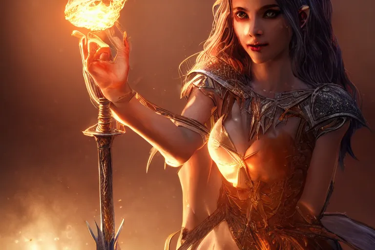 Image similar to ultra detailed fantasy, a beautiful magician with. a fireball in her hand, an ice sword, realistic, dnd, rpg, lotr game design fanart by concept art, behance hd, artstation, deviantart, global illumination radiating a glowing aura global illumination ray tracing hdr render in unreal engine 5