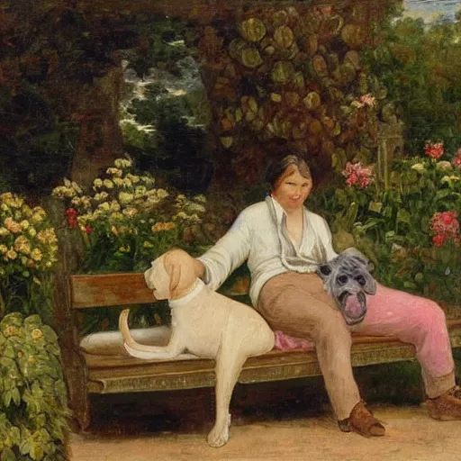 Image similar to a man and a woman sitting on a bench surrounded by plants, a dog sleeping by their feet, french painting style ,