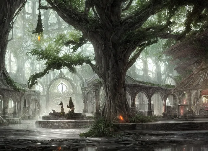 Image similar to Blacksmith building inside a beautiful elven city made of white marble, anime, lush trees, fountain, a fantasy digital painting by Greg Rutkowski and James Gurney, trending on Artstation, highly detailed