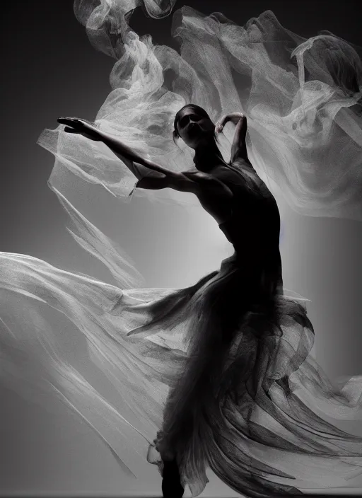 Image similar to a Photorealistic dramatic hyperrealistic render of a beautiful Female smoke dancer by Ken Brower and Deborah Ory of NYC Dance project,Lois Greenfield,Flowing cloth and smoke,Beautiful dynamic dramatic dark moody lighting,volumetric,shadows,cinematic atmosphere,Octane render,8K