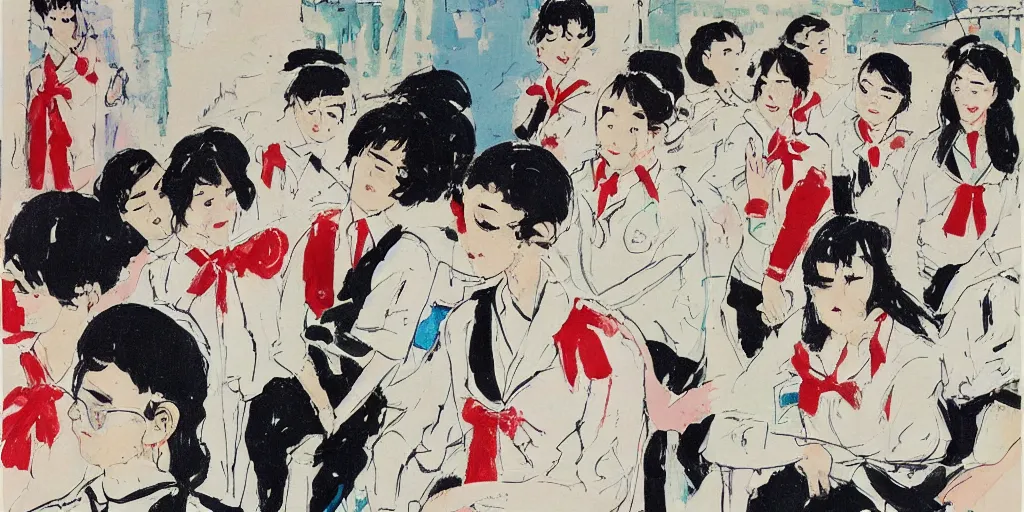 Image similar to in the afternoon at school, a beautiful girl kill her boyfriend as a group of students in sailor uniforms watch by wu guanzhong