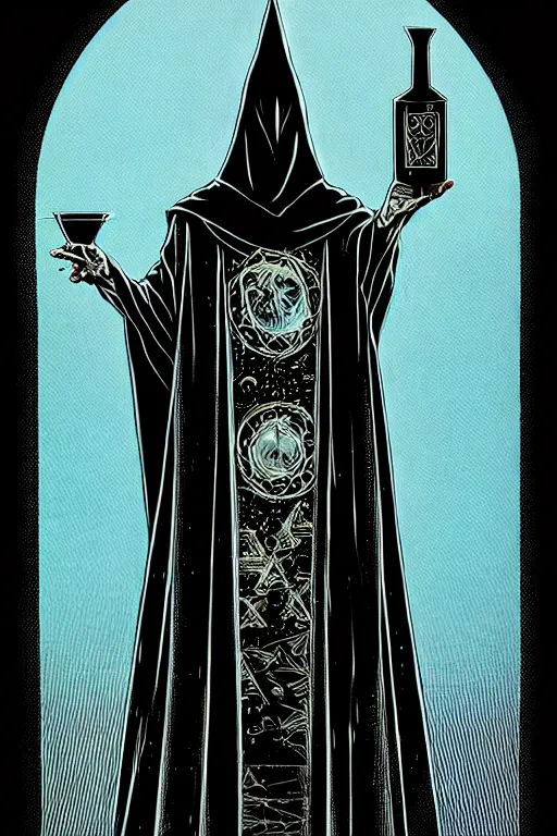 Image similar to cloaked wizard holding magic potion, high details, intricately detailed, by vincent di fate, inking, 3 color screen print, masterpiece, trending on artstation,, sharp, details, hyper - detailed, hd, 4 k, 8 k