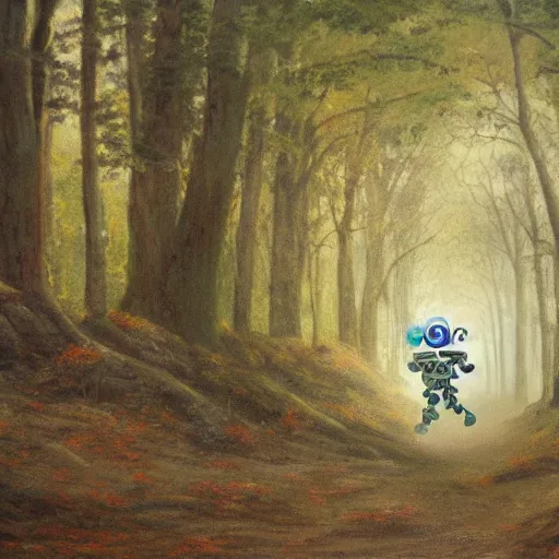 Prompt: a beautfiul painting of a robot running througj a forest,8k