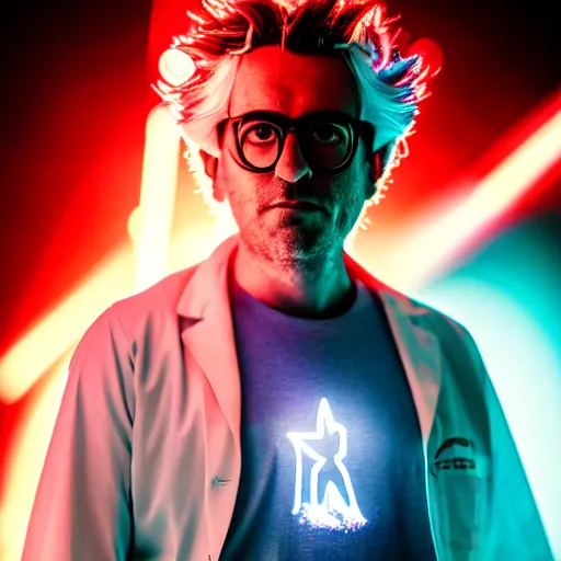 Image similar to portrait of rick sanchez, lab coat and tee shirt, lens flare, atmosphere, glow, detailed, intricate, full of colour, cinematic lighting, 4 k, hyperrealistic, focused, extreme details, cinematic, masterpiece