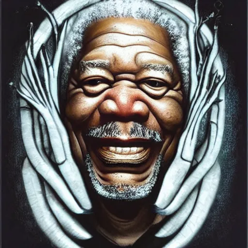 Image similar to morgan freeman in the style of hr giger