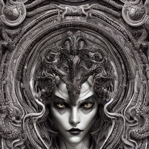 Image similar to medusa, highly detailed, symmetrical long head, smooth marble surfaces, detailed ink illustration, raiden metal gear, cinematic smooth stone, deep aesthetic, concept art, post process, 4k, carved marble texture and silk cloth, latex skin, highly ornate intricate details, in the style of frank miller