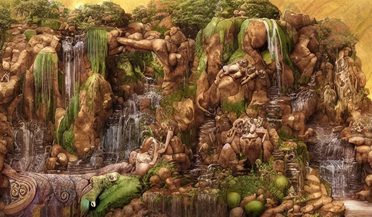 Image similar to innovative waterfall the ancient gods fantasycore landscape, Precise and Intricate Linework, Art Nouveau Cosmic 4k Detailed Matte Illustration trending on Flickr ,CGSociety, Crimson and Ecru color scheme, Pastiche by Albrecht Dürer, Pastiche by Don Maitz