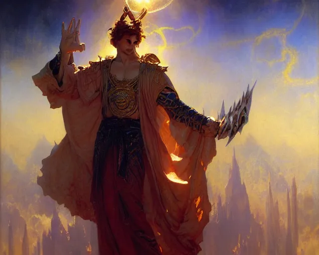 Image similar to attractive male deity, casting demonic magic, summoning handsome lucifer morning star. highly detailed painting by gaston bussiere, craig mullins, j. c. leyendecker 8 k