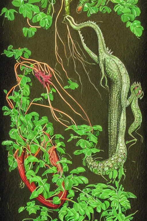 Image similar to a carnivorous plant with a long vine and the head of a alligator, vicious snapping alligator plant, side view of a plant showing roots