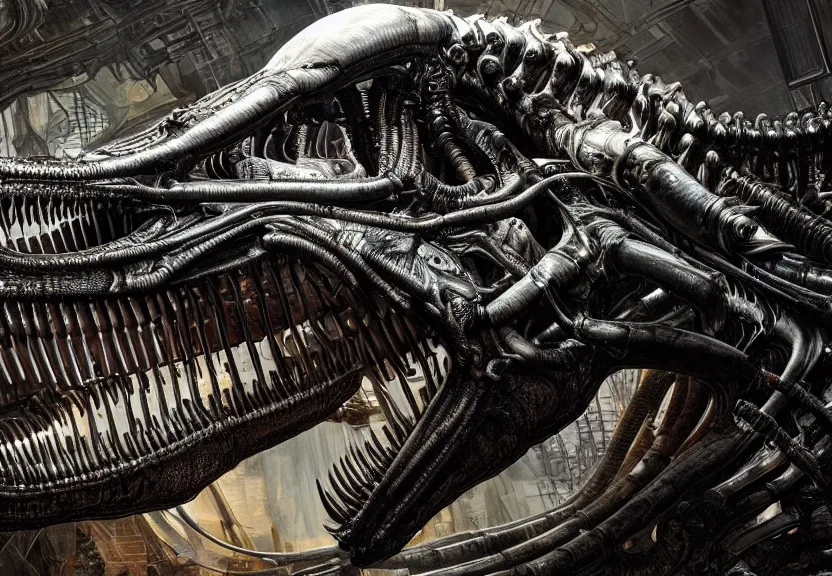 Prompt: extremely detailed. a oily crystal cybernetic tyrannosaurus rex engine. iridescent biomechanical giger ’ s xenomorph. the thing. detailed and intricate environment, hyperrealism, black background, detailed and intricate environment, reflective, dynamic lighting, rembrandt, 8 k