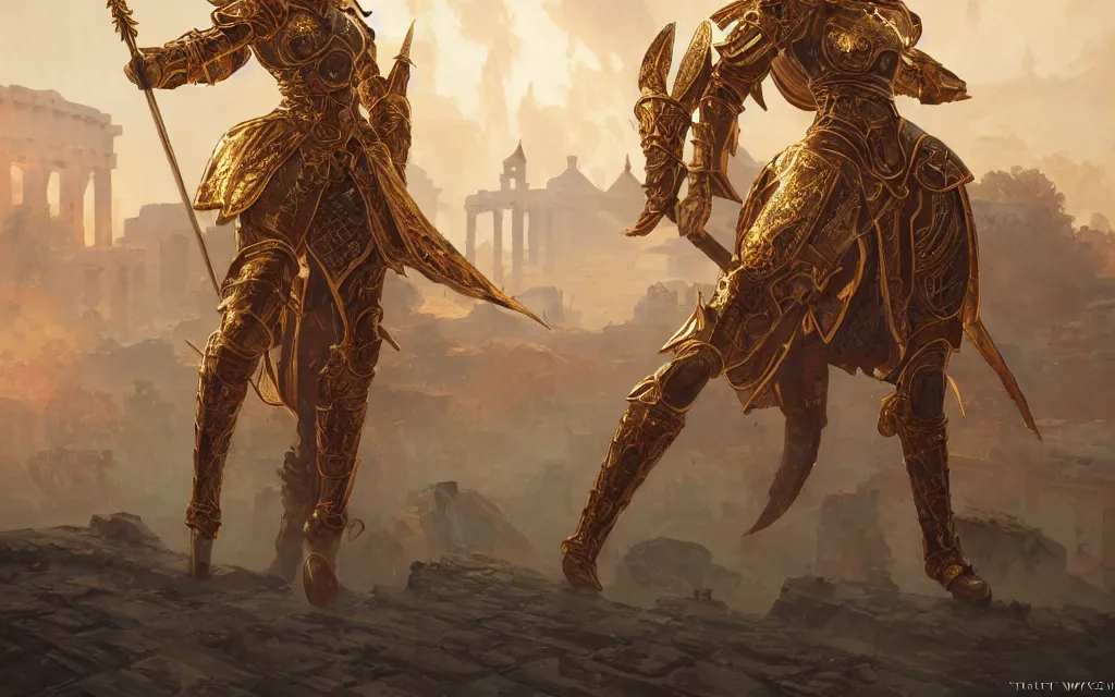 Prompt: knights of zodiac girl, golden and copper armor, armor knight fighting cinematic shot, in ruined agora of athens sunrise, ssci - fi and fantasy, intricate and very very beautiful and elegant, highly detailed, digital painting, artstation, concept art, smooth and sharp focus, illustration, art by tian zi and wlop and alphonse mucha