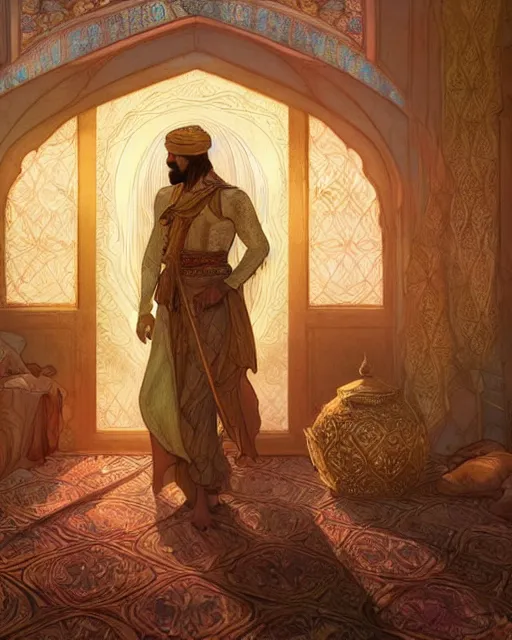 Image similar to male bedouin in the desert worshipping in the mosque, highly detailed, gold filigree, romantic storybook fantasy, soft cinematic lighting, award, disney concept art watercolor illustration by mandy jurgens and alphonse mucha and alena aenami, pastel color palette, featured on artstation