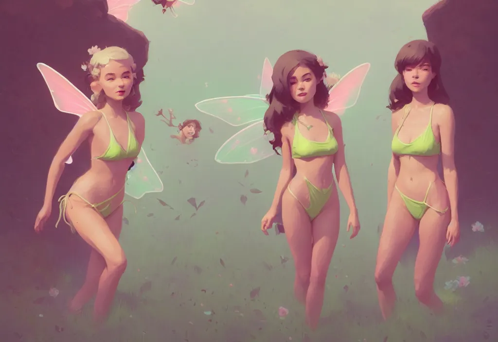 Image similar to portrait of two cute fairies in flower bikinis with joe biden, fantasy, by atey ghailan, by greg rutkowski, by greg tocchini, by james gilleard, by joe gb fenton, dynamic lighting, gradient light green, brown, blonde cream, salad and white color in scheme, grunge aesthetic