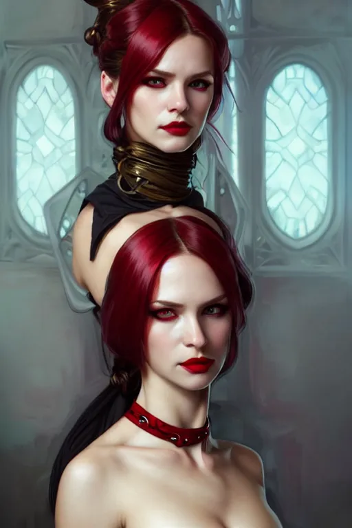 Image similar to Portrait of seductive female rogue, D&D, revealing stylish dress, choker on neck, long blonde or red hair, mouth slightly open, slight nerdy smile, fantasy, intricate, elegant, highly detailed, digital painting, artstation, concept art, smooth, sharp focus, illustration, art by artgerm and greg rutkowski and alphonse mucha