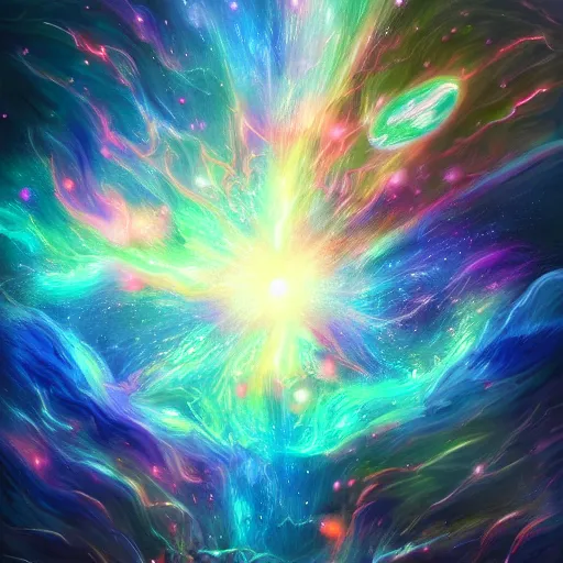 Image similar to The beginning of the universe, space photography, singularity exploding into galaxies, high energy, intricate details, deviantart, digital painting, concept art