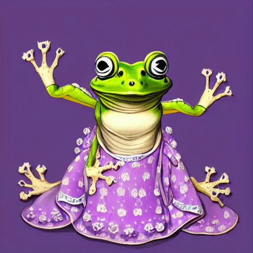 Image similar to cute purple female frog in enchanted rococo hanbok, full character, concept art, trending on artstation, in the style of alexander mcqueen, alexander jansson, jean - baptiste monge, george frederic watts