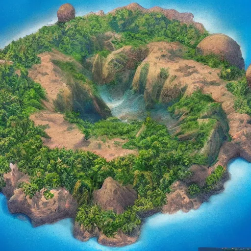 Prompt: Long forgotten undiscovered secret tropical island, matte painting, concept art, top down view