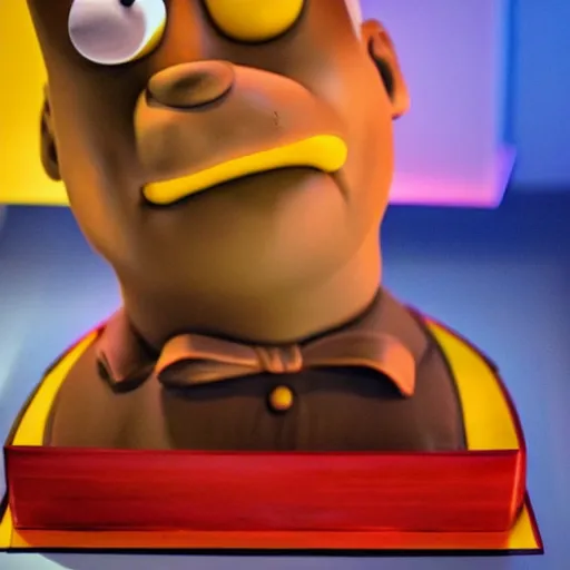 Image similar to chocolate sculpture of homer simpson, stylish lighting, magazine photo,