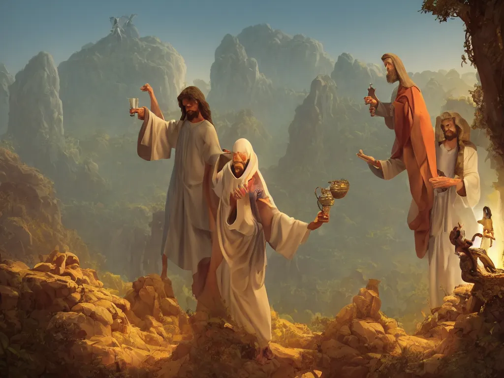 Image similar to the agony in the garden, Jesus on the left, a serpent nearby, and an angel holding a chalice, by goro fujita, trending on artstation, 8k, highly detailed, digital graphic art