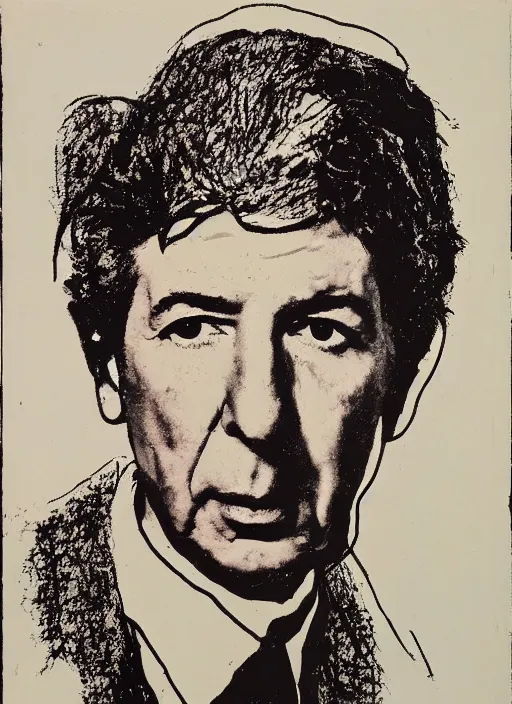 Image similar to Leonard Cohen portrait, By andy warhol