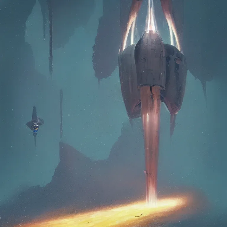 Image similar to mechanical spaceship called the nautilus dripping wet emerging from a the ocean, launching to space, big booster rocket engines, sci - fi concept art, by john harris, by simon stalenhag, stunning, award winning